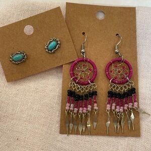 💐5/25 southwestern turquoise silver tone colorful dreamcatcher seed beed stud
